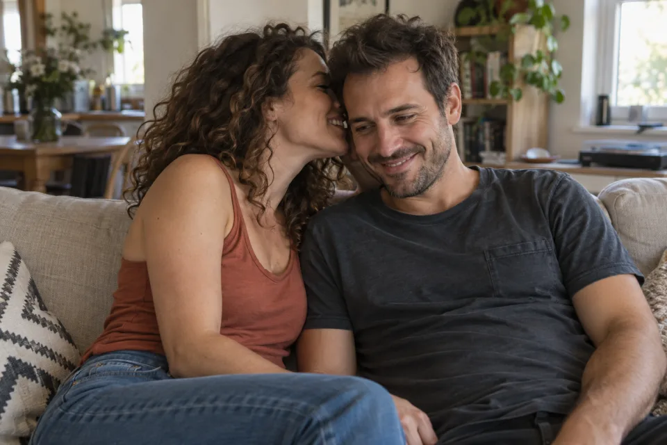 A couple sharing a playful moment at home