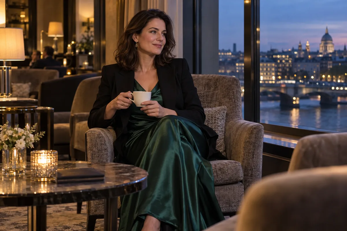 Woman in an evening dress in a lounge at dusk, AI illustration