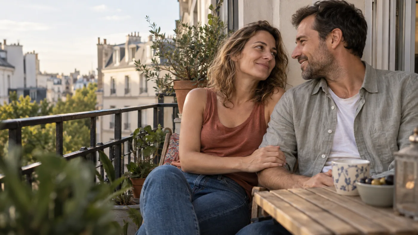 Un couple partage un moment complice sur un balcon
