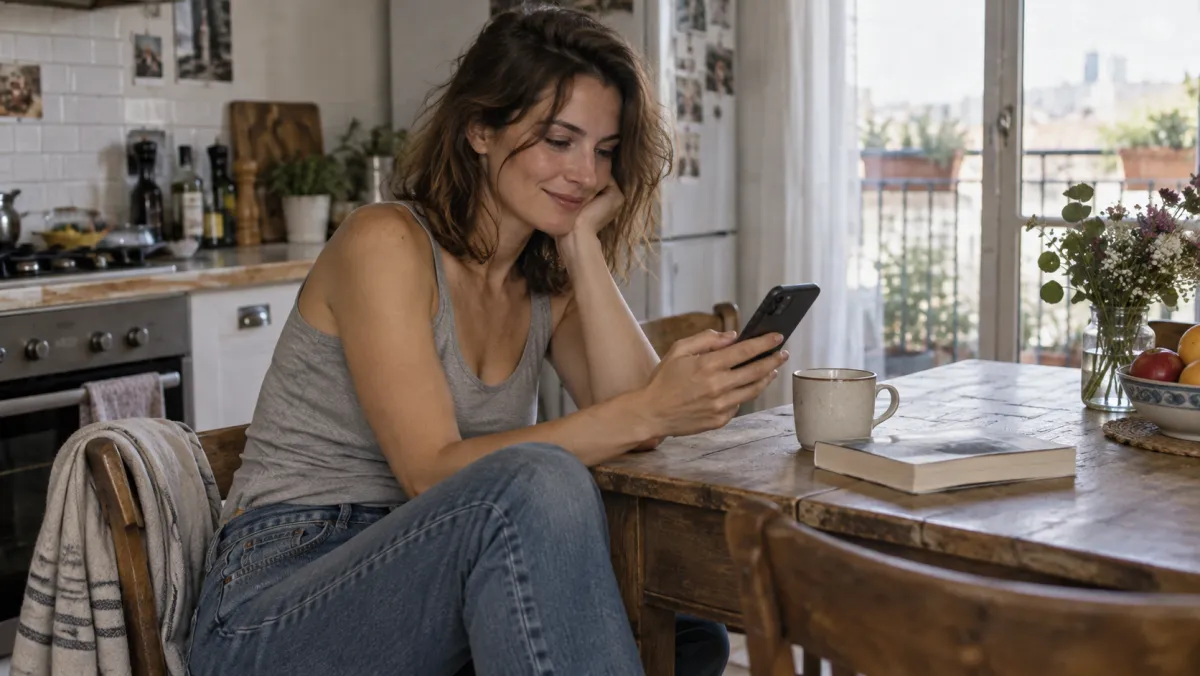 Une femme échange sur son téléphone à sa table de cuisine