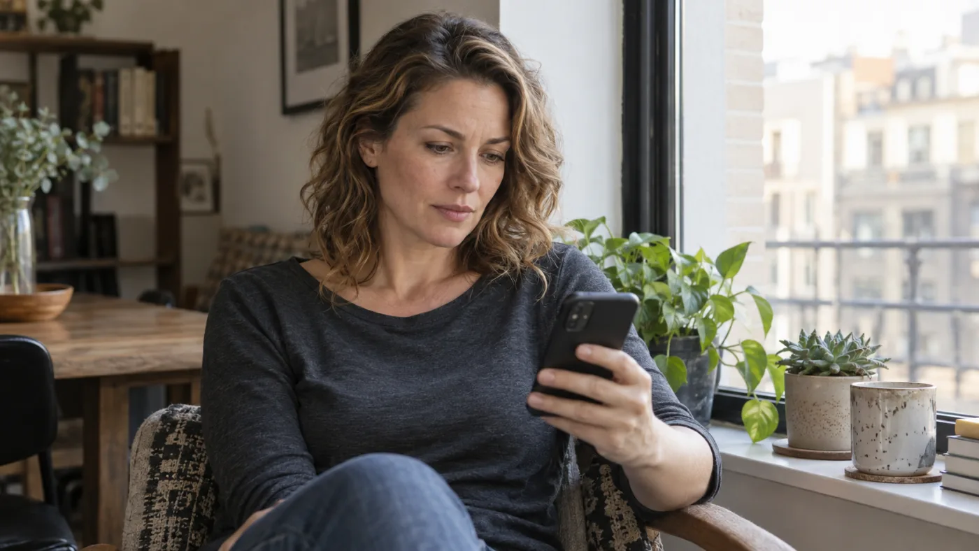A woman thoughtfully reading her phone